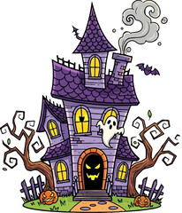 Spooky Haunted House with Ghosts and Jack-o'-Lanterns