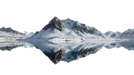 Obraz premium Majestic snow-capped mountains mirrored on a serene lake, a stunning winter landscape evoking peace and tranquility