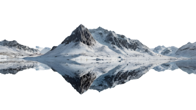 Majestic snow-capped mountains mirrored on a serene lake, a stunning winter landscape evoking peace and tranquility