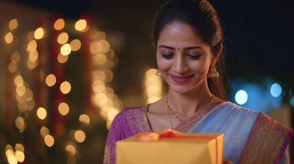 Gift of Joy: A portrait of a woman radiates happiness as she receives a gift in the twilight, her eyes sparkling with delight, against a soft background of decorative lights.