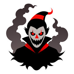 Sinister Clown with Glowing Eyes and Tattered Hat Surrounded by Smoke in Horror Vector