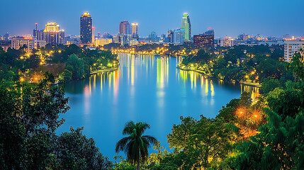 Naklejka premium Nighttime Cityscape Reflecting on Serene Lake