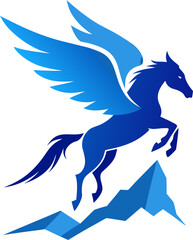 Glowing Pegasus Leaping Over Mountain Silhouette in High-Energy Blue Vector Style