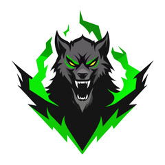 Raging Werewolf Emerging from Smoke with Neon Green Aura in Spiked Crest Logo