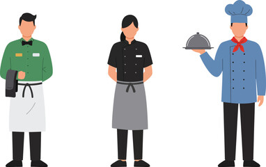 Three restaurant workers including a chef and servers standing together isolated on transparent background