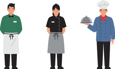 Three restaurant workers in uniform including a chef holding a silver cloche isolated on transparent background