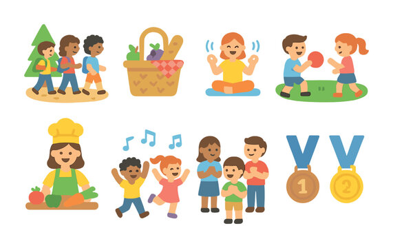 Team-Building Icons. Flat vector mini-illustrations Team-building wellness events in colors children's