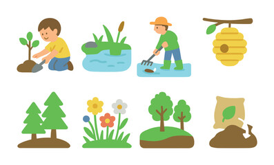 Fototapeta premium Habitat Restoration Icons. Flat vector mini-illustrations habitat restoration in colors children's