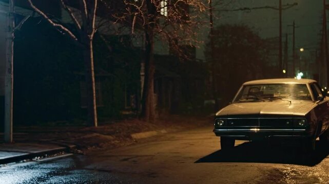 Moody, cinematic night scene with a vintage car on a dimly lit street. Low-angle shot enhances the film noir style, ideal for a suspenseful video.