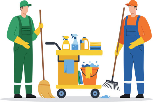 Two professional cleaners in uniform standing with cleaning cart and tools isolated on transparent background