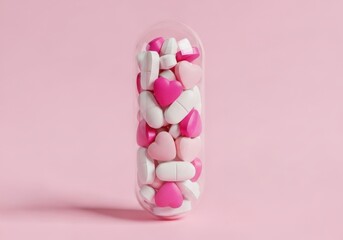 A large transparent capsule filled with heartshaped pills