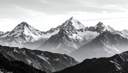 Panoramic grayscale view of a majestic mountain range, snow-capped peaks, and hazy valleys
