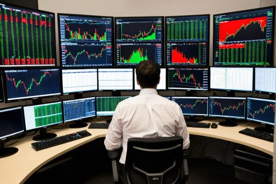 Rear View of a Trader Watching Stock Charts and Data on Multiple Monitors