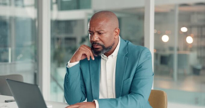 Business, man or thinking of solution with laptop for finance decision, auditing and budget analysis. Accountant, mature black person and serious with tech for statement review and wealth management