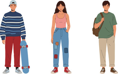 Three stylish young people standing together in casual modern clothing isolated on transparent background