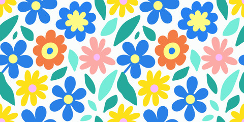 Vibrant retro floral pattern with blue orange pink and yellow flowers and green leaves