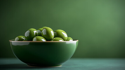 Bowl of glossy green olives on a matching green background.