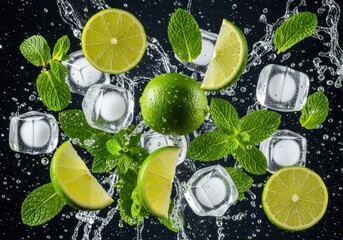 Fresh limes, mint, and ice cubes with water splash