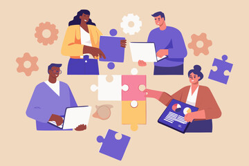 Diverse team collaborating on a complex project by assembling puzzle pieces and using technology