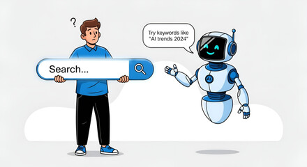 A man holds a large search bar with a question mark above his head, while a friendly robot suggests "AI trends 2024".
