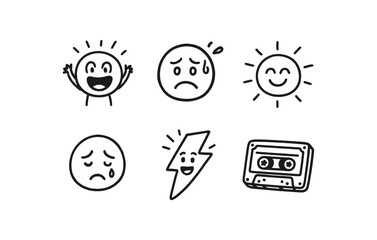 hand drawn cute doodle style line isolated on white background cinematic montage (emotions): excitement tension joy sadness energy nostalgia