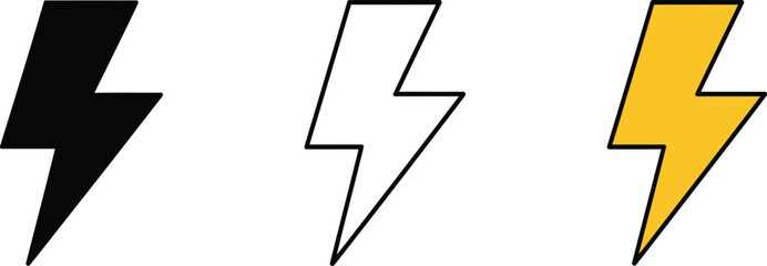 Three stylized lightning bolt icons in black white and yellow isolated on transparent background