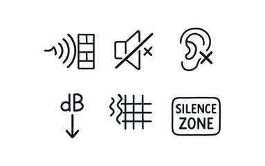 hand drawn cute doodle style line isolated on white background soundproofing (symbols): sound wave mute icon ear with cross decibel drop noise grid silence zone