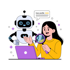 Hiring set. Character and intelligence robot working together. Business recruitment process, job searching, employee evaluation concept. Vector illustration.
