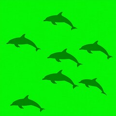 Seven dark dolphins leap and swim against a bright green background