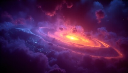 Fototapeta premium A glowing nebula with swirling clouds displays vibrant cosmic colors and a sense of expansive space.
