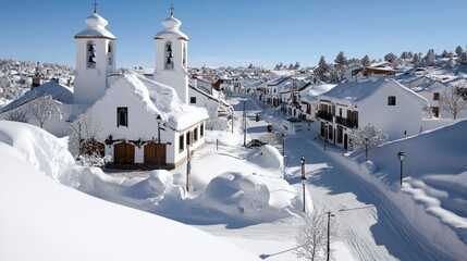Snowy village nestled in the mountains.  Whitewashed buildings, snow-covered roofs, and tall church towers under a clear blue sky