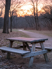 Wooden picnic table in a park setting during a tranquil sunset.