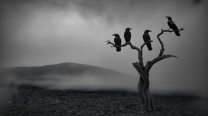 A gnarled tree with dark, contorted branches stands in a foggy mountainous landscape, with three black crows perched on its branches, creating a moody, atmospheric scene in grayscale tones.