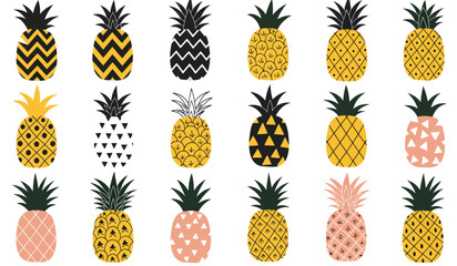 Collection of decorative pineapples with various patterns and colors isolated on transparent background
