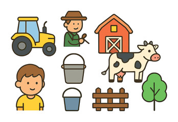 Naklejka premium Tractor Riding Fun. Flat vector mini-illustrations riding a tractor in colors children's illustrations: