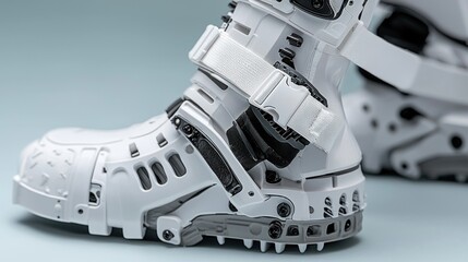 Futuristic white boots with adjustable straps and textured soles