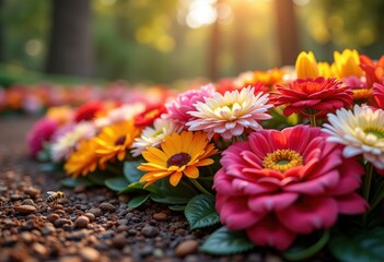 vibrant flower beds colorful blooms textured mulch detail enhancing beauty, petal, leaf, soil, garden, landscape, buds, blossom, vegetation, growth