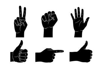Six Black Silhouettes of Hands Displaying Various Gestures