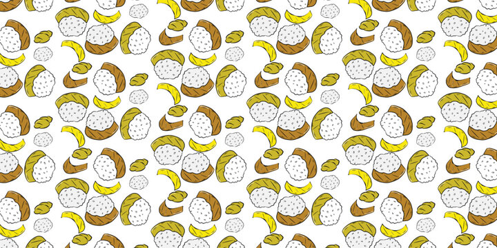 Seamless pattern of onigiri rice balls with nori seaweed and pickled daikon radish illustration repeating