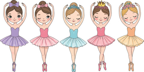 Five adorable cartoon ballerinas in colorful tutus and ballet shoes performing a graceful pose isolated on transparent background