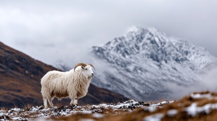 Fototapeta premium White ram on mountaintop in winter