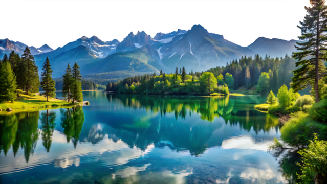 lake and mountains, isolated on white background, png, ai generated.