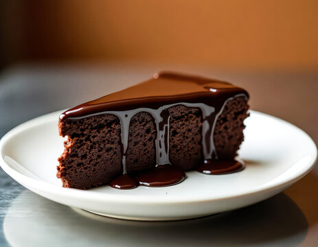 Decadent slice of triple-layer chocolate cake drizzled with glossy sauce. Rich dessert on white plate with soft lighting, inviting texture and blurred background. - Powered by Adobe