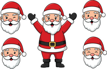Collection of santa claus faces and a full body santa claus isolated on transparent background