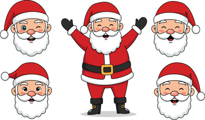 Collection of five cheerful santa claus faces and full body figure isolated on transparent background