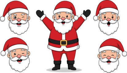 Collection of cheerful santa claus faces and a full body illustration isolated on transparent background