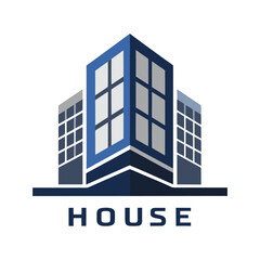 Modern blue and gray office building with grid windows, representing real estate and corporate business, isolated on white background