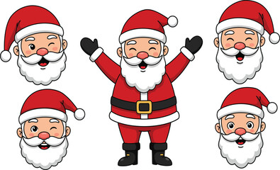 Collection of five cheerful santa claus faces and full body figure isolated on transparent background