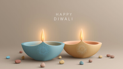 Radiant Diwali Lamps: Two elegantly crafted, glowing lamps symbolizing the joy and light of Diwali, set against a serene backdrop. Celebrating the triumph of light over darkness and hope.