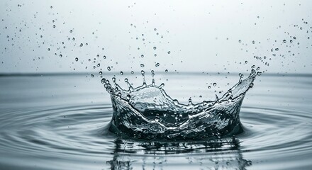 Water droplet creates crown ripples and suspended droplets above flat surface with a light background